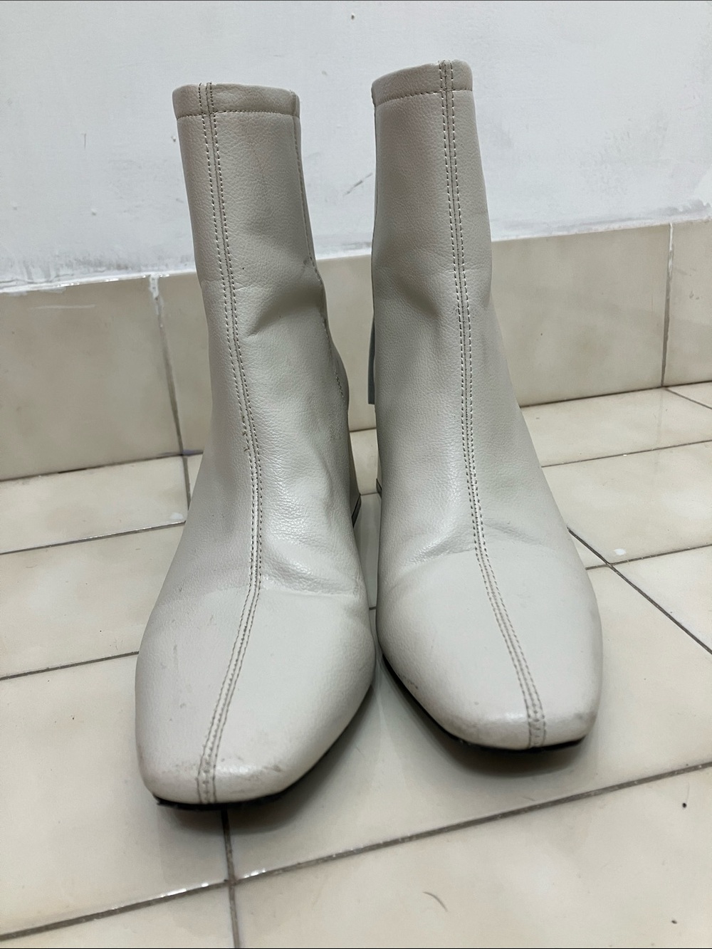 Women's Cream Square-Toe Block Heel Ankle Boots
